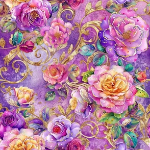Colorful Pink Purple and Yellow Roses with Golden Swirls