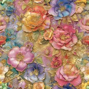 Shimmery Colorful  Golden Yellow Pink and Blue Floral Flowers