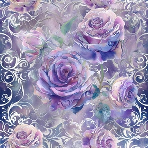 Soft Purple Damask Roses with Silver Filigree