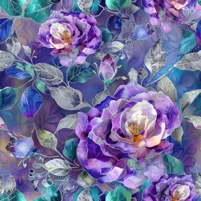 Glimmering Purple Lavender Roses with Green and Silver Leaves