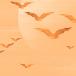 Modern Minimalist Beach House, Ginger Papaya Orange Sunset and Birds, Contemporary Bird Artwork Painting, Sherbert Orange Naturalistic Seaside Art Pattern, Hand Painted Sun Migrating Birds in Night Sky, LARGE SCALE