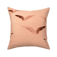Contemporary Migrating Birds Flying Decor, Creamy Champagne Peach Pink Sunset , Painterly Birds in Flight Pattern, Abstract Sun on Horizon Bird Art in Warm Sienna Brown, LARGE SCALE