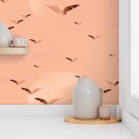 Contemporary Migrating Birds Flying Decor, Creamy Champagne Peach Pink Sunset , Painterly Birds in Flight Pattern, Abstract Sun on Horizon Bird Art in Warm Sienna Brown, LARGE SCALE