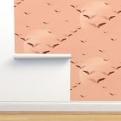 Contemporary Migrating Birds Flying Decor, Creamy Champagne Peach Pink Sunset , Painterly Birds in Flight Pattern, Abstract Sun on Horizon Bird Art in Warm Sienna Brown, LARGE SCALE