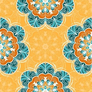 Floral Mandala Tile in Orange & Teal
