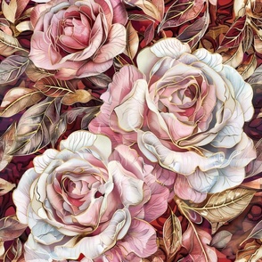 Gentle Light Pink and White Roses with Glimmering Leaves