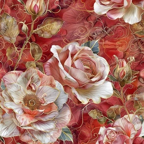 Delicate Pink and White Roses on Red Fabric