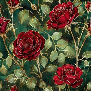 Velvety Red Roses and Rosebuds with Green Leaves