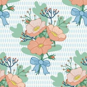 284 - Hand drawn wild roses and berries in a bouquet tied with a blue silk bow on a background of smooth dusty pale blue ovals in linear formation for wallpaper, duvet covers, baby boy nursery, kids apparel and home decor