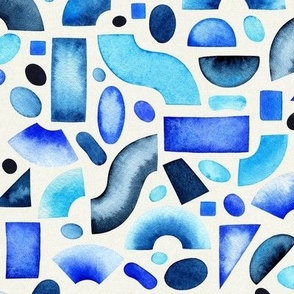 Larger Scale // Watercolor Painted Blue Organic and Geometric Shapes
