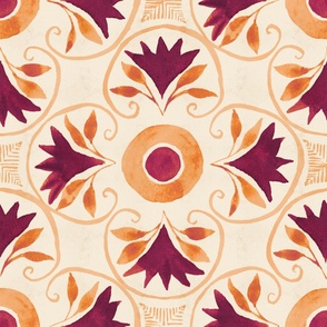 (XL) Hand Painted Sunset Orange and Burgundy Red Watercolor Floral Moroccan Tile - Extra Large