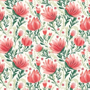 Blooming Coral Garden: Lush Floral Fabric Design