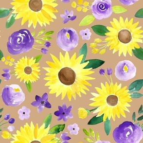 spring sunflowers with purple - on brown 