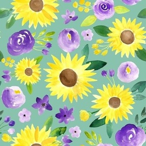 spring sunflowers with purple - on light green