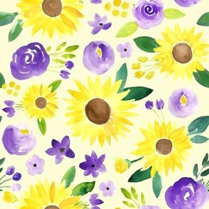 spring sunflowers with purple - on light yellow