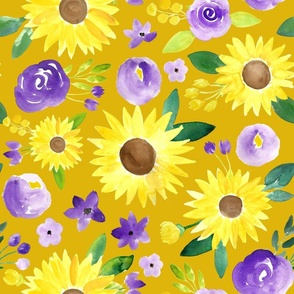 spring sunflowers with purple - on mustard yellow