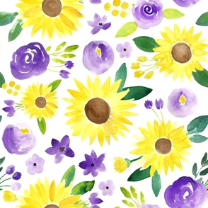 spring sunflowers with purple - on white
