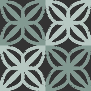 (L) LEAVES Block Print Check - Boho Geometric - Tri Color Leaf Checkerboard - Greens and Dark Ash Gray