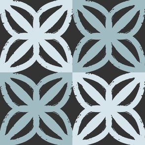 (L) LEAVES Block Print Check - Boho Geometric - Tri Color Leaf Checkerboard - Blues and Dark Ash Gray