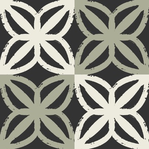 (L) LEAVES Block Print Check - Boho Geometric - Tri Color Leaf Checkerboard - Earth Tones