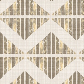 Jumbo - A block printed design of triangles and squares and a graphic zigzag of flax coloured textured linen. Ochre, gold, bronze and yellow.