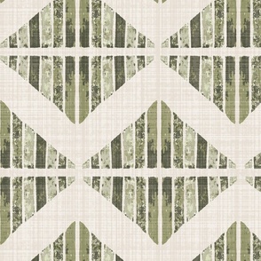 Jumbo - A block printed design of triangles and squares and a graphic zigzag of flax coloured textured linen. Ironside, moss green, khaki and viridis.