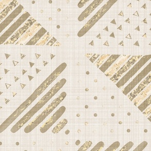 Jumbo - A checkerboard design created from block printed triangular elements on a flax coloured textured linen. Ochre, gold, bronze and yellow.