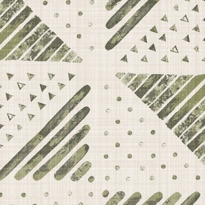Jumbo - A checkerboard design created from block printed triangular elements on a flax coloured textured linen. Ironside, moss green, khaki and viridis.