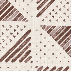Jumbo - A checkerboard design created from block printed triangular elements on a flax coloured textured linen. Mocha, burgundy, brown and rosewood.