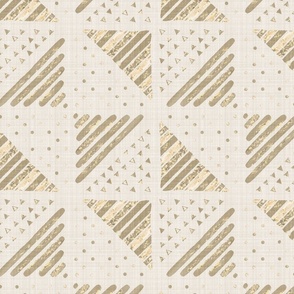 Large - A checkerboard design created from block printed triangular elements on a flax coloured textured linen. Ochre, gold, bronze and yellow.