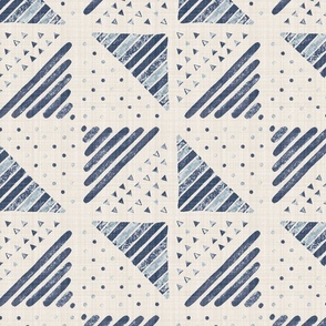 Large - A checkerboard design created from block printed triangular elements on a flax coloured textured linen. Blue nova, indigo, navy and denim.