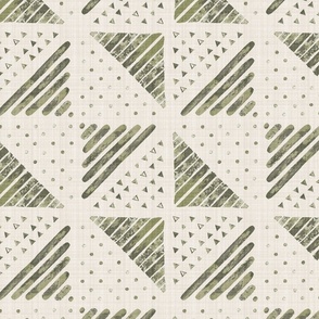Large - A checkerboard design created from block printed triangular elements on a flax coloured textured linen.Ironside, moss green, khaki and viridis.