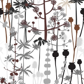 Large Gold - A maximalist floral meadow of bold, hand drawn silhouettes on a white background. Multi-colored neutral gray, black, brown and beige flowers ideal for metallic gold wallpaper.