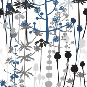 Large Silver - A maximalist floral meadow of bold, hand drawn silhouettes on a white background. Multi-colored neutral gray, black, navy and slate flowers ideal for metallic silver wallpaper.