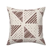 Large - A checkerboard design created from block printed triangular elements on a flax coloured textured linen. Mocha, burgundy, brown and rosewood.