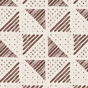 Large - A checkerboard design created from block printed triangular elements on a flax coloured textured linen. Mocha, burgundy, brown and rosewood.