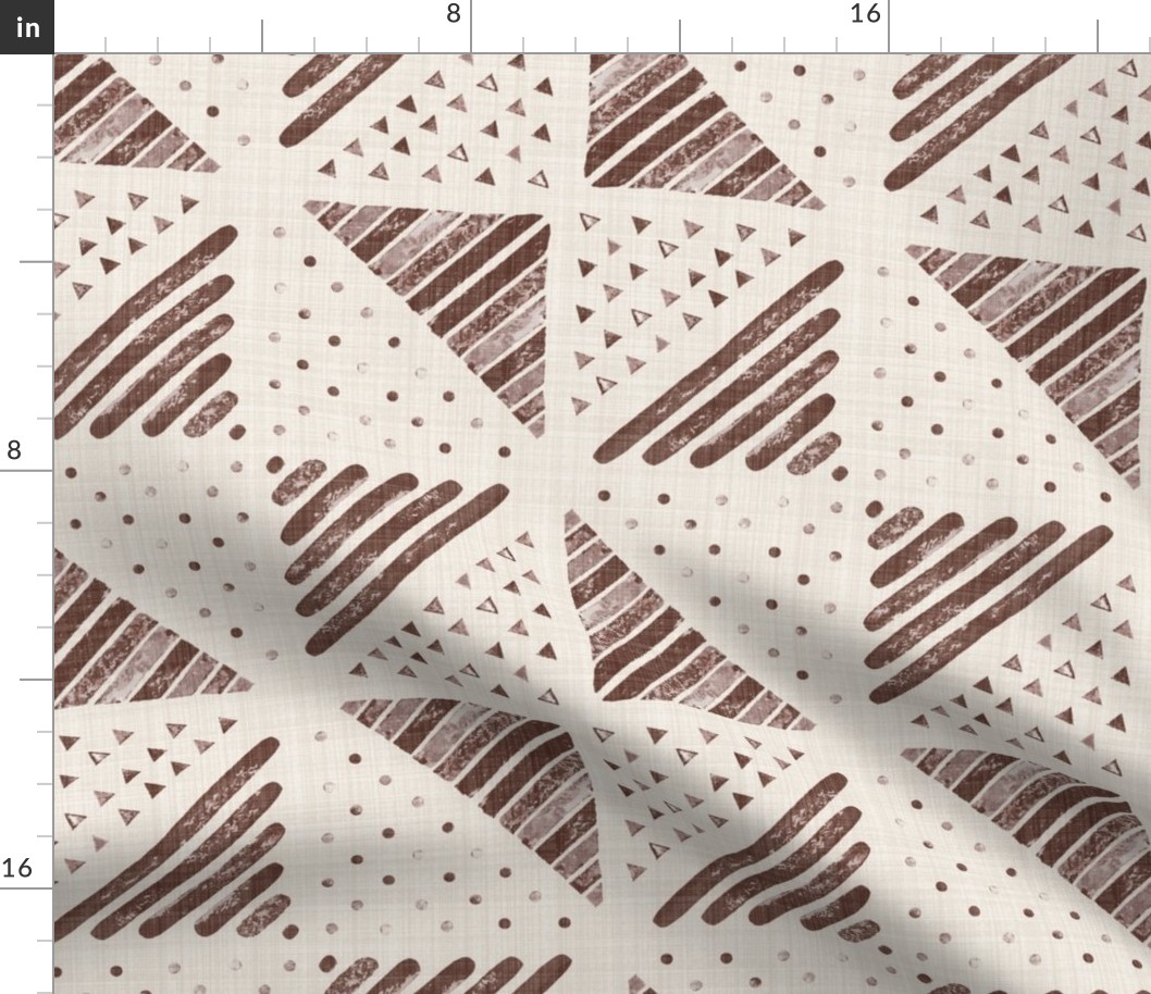 Large - A checkerboard design created from block printed triangular elements on a flax coloured textured linen. Mocha, burgundy, brown and rosewood.