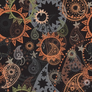 Large - Dark & Witchy Halloween Whimsigoth Paisley with Stylised Sun & Moon  - Black, Orange, Brown & Green