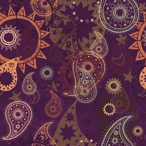 Large - Dark & Retro70s, Whimsigoth Paisley with Stylised Sun & Moon  - Brown, Orange, Gold & Purple