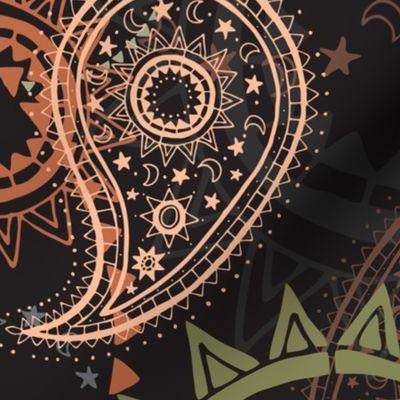 Midi - Dark & Witchy Halloween Whimsigoth Paisley with Stylised Sun & Moon  - Black, Orange, Brown & Green