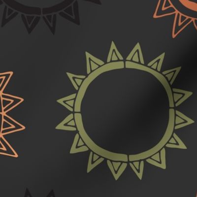Midi - Dark & Witchy, Geometric Whimsigoth Stylised Sun & Stars - Orange, Black, Green & Charcoal