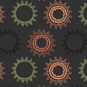 Midi - Dark & Witchy, Geometric Whimsigoth Stylised Sun & Stars - Orange, Black, Green & Charcoal