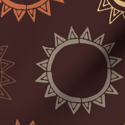 Large - Dark & Retro 70s, Geometric Whimsigoth Stylised Sun & Stars - Brown, Orange, Gold & Green