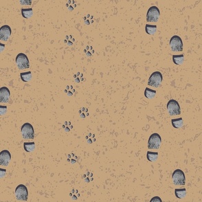Medium - Block Print Foot Prints & Paw Prints on a Sandy Summer Beach – Dark Gold & Desert Sand Texture