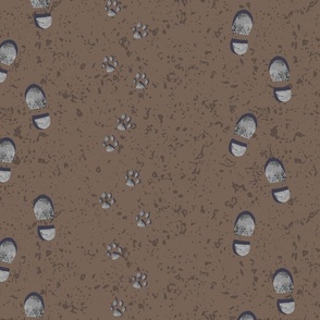 Medium - Block Print Foot Prints & Paw Prints on a Muddy Footpath – Peat Brown & Clay Dirt Texture