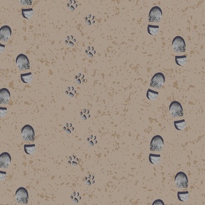 Medium - Block Print Foot Prints & Paw Prints on a Muddy Footpath – Dark Beige & Taupe Dirt Texture