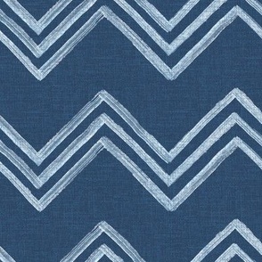 Medium - Hand drawn watercolor chevron zig zag stripes – painted geometric brush strokes bleaching out the denim texture giving a grungy, faded effect to the dark indigo blue.