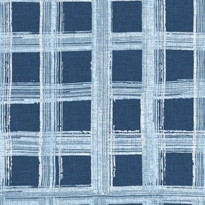 Medium - Hand drawn 1 inch wide watercolor gingham pattern – painted geometric brush strokes bleaching out the denim texture giving a grungy, faded effect to the dark indigo blue.