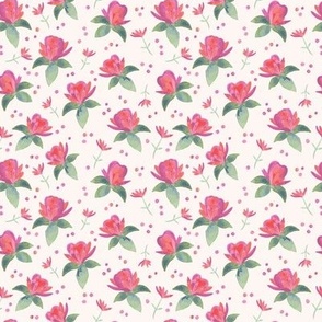 388 - small scale hot pink, mauve, coral and sage green watercolour petal flowers and leaves and berries, for home decor, wallpaper, duvet covers, large scale furnishings and pretty romantic floral decor