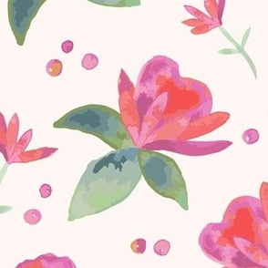 388 - Jumbo scale hot pink, mauve, coral and sage green watercolour petal flowers and leaves and berries, for home decor, wallpaper, duvet covers, large scale furnishings and pretty romantic floral decor